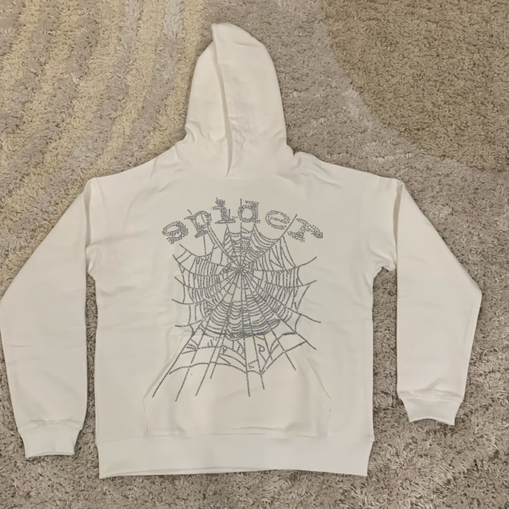 Spider Rhinestone Web Logo White Pullover Hoodie Men’s Size Large